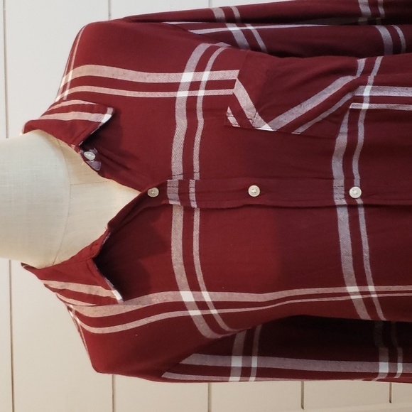 OLD NAVY large burgundy red and white plaid button down shirt midi dress - Picture 3 of 6